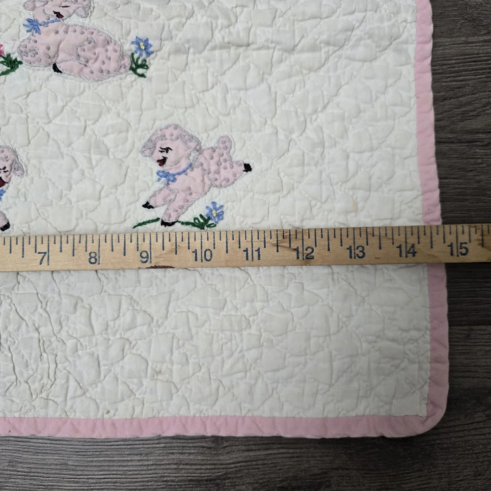 Vtg Handmade Quilt Emroidery Baby Blanket Decor Lamb Flowers Pink Nursery
